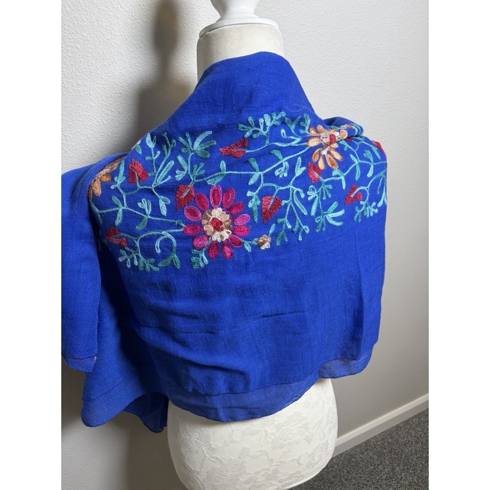 Embroidered Floral Blue Boho Scarf Shawl Wrap~36" x 64"~Soft Gypsy Festival - Picture 6 of 13